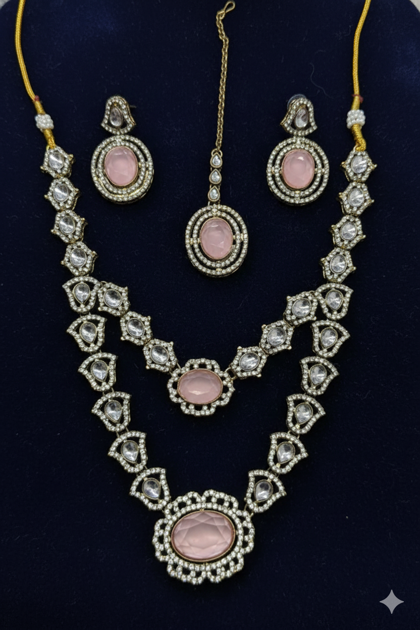 Double-Layered Baby Pink Accents Necklace Set